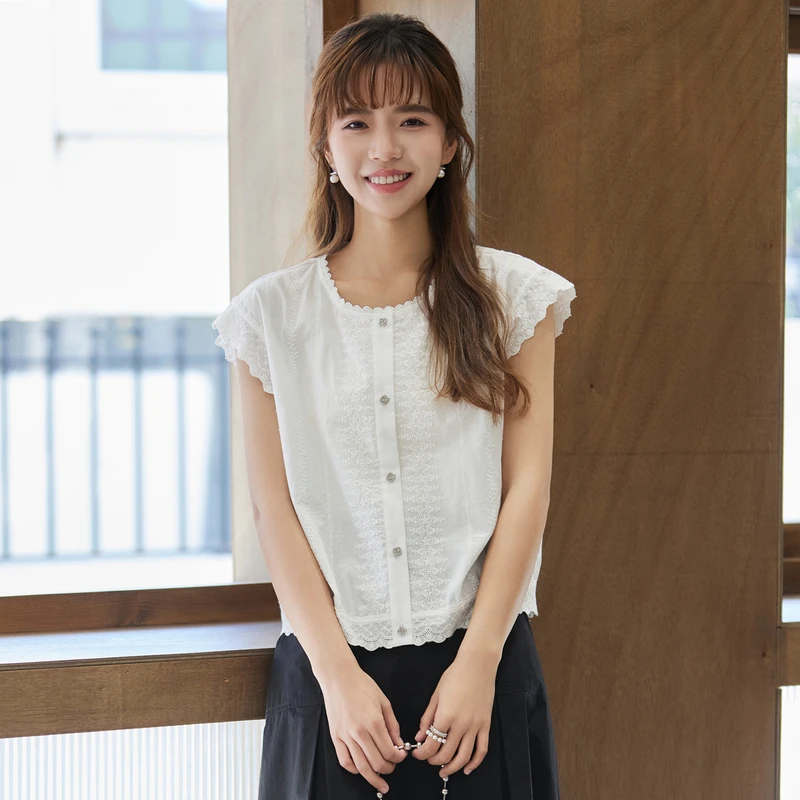 风笛2025夏季新款棉质甜美风无袖娃娃衫雪纺衫上衣小飞袖短款百搭