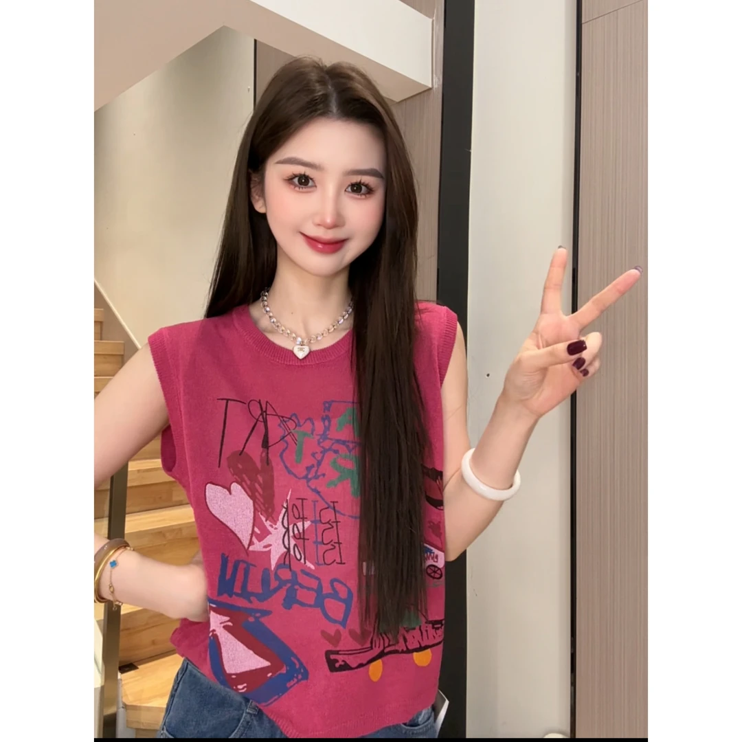 涂鸦印花无袖针织工字吊带背心女外穿夏季设计感修身内搭无袖上衣