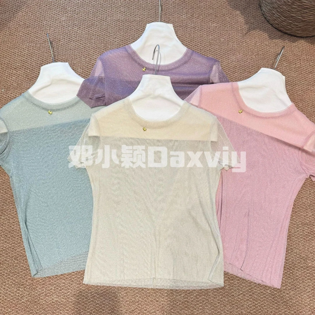 小颖服饰-【闪耀星河】琉璃金丝纱气质弹力双层鎏金打底短袖上衣