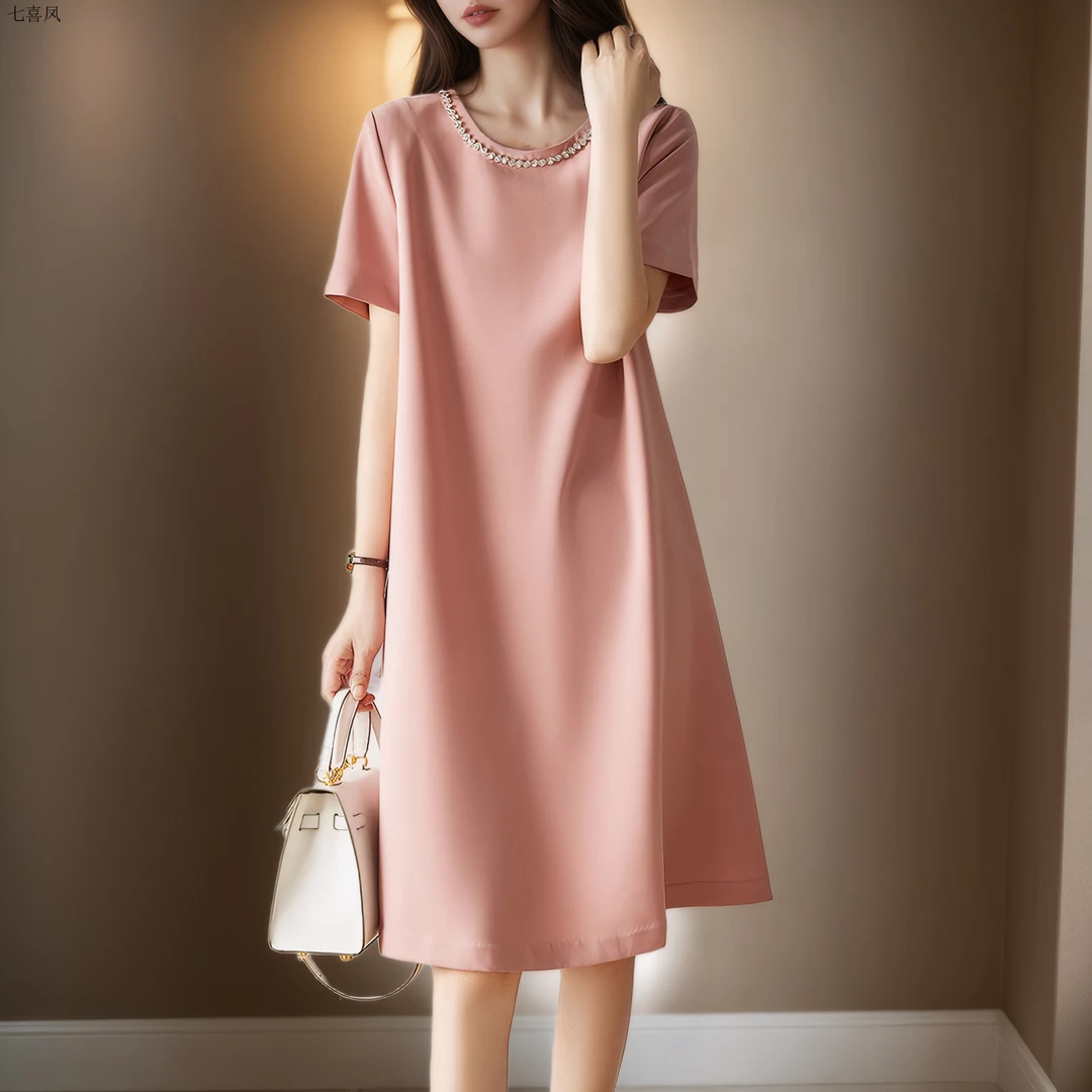 新款亮片圆领褶皱显瘦直筒裙女夏季宽松短袖连衣裙通勤百褶高腰纯