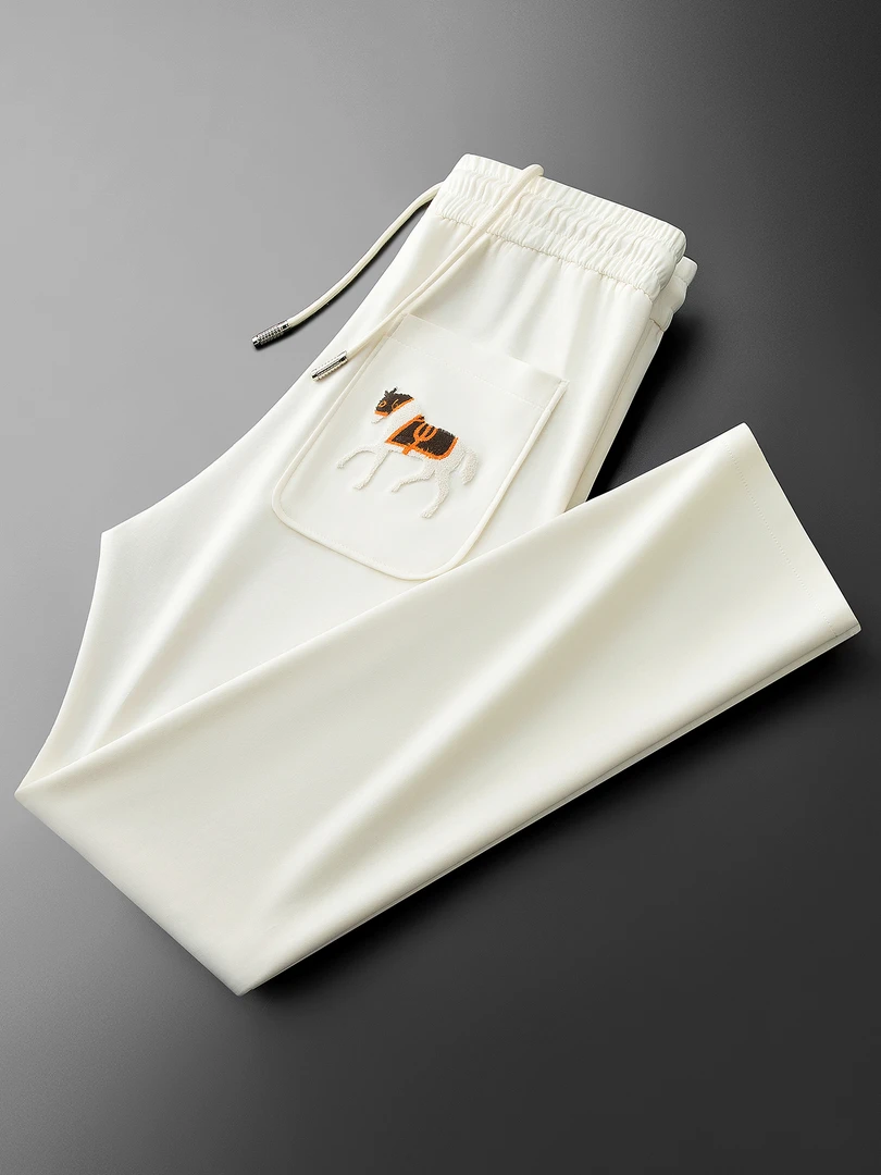 新款时尚冰丝面膜空气层棉运动裤牙刷绣战马男士小直筒卫裤休闲裤