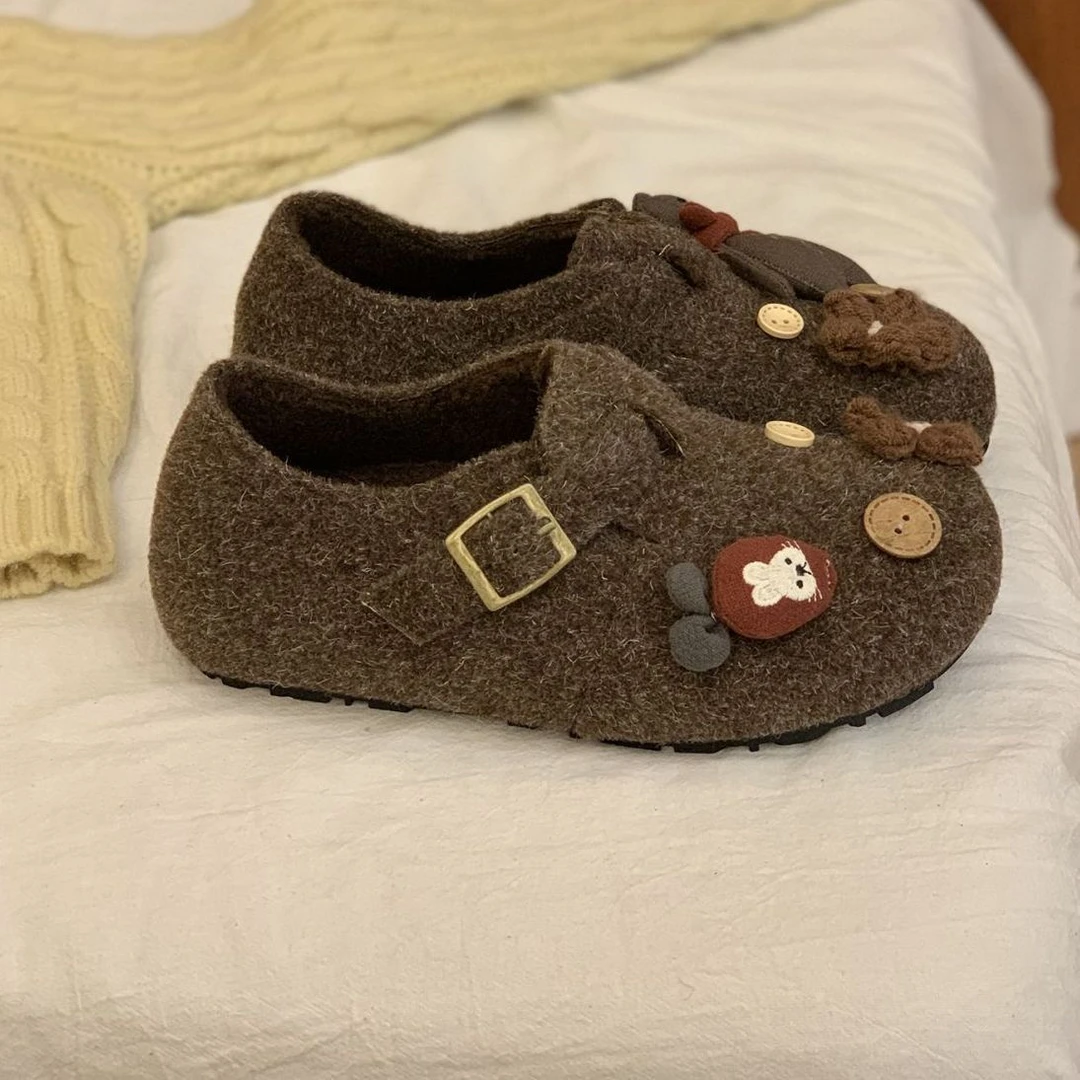 UHCK可爱丑萌勃肯鞋子女棉鞋2026秋冬毛呢百搭圆头增高加绒保暖乐