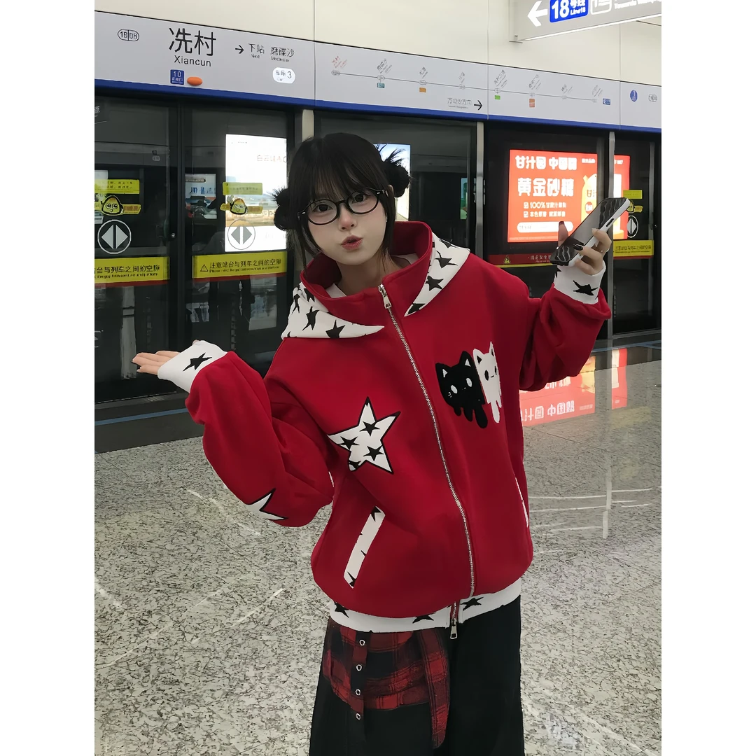 文文不乖原创美式星星猫咪刺绣设计感连帽卫衣女秋冬宽松开衫外套