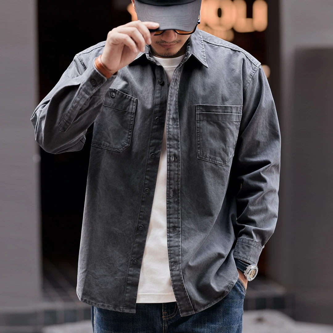 格蓝鹿美式复古潮流户外工装衬衫男秋季新款纯棉休闲长袖衬衣外套