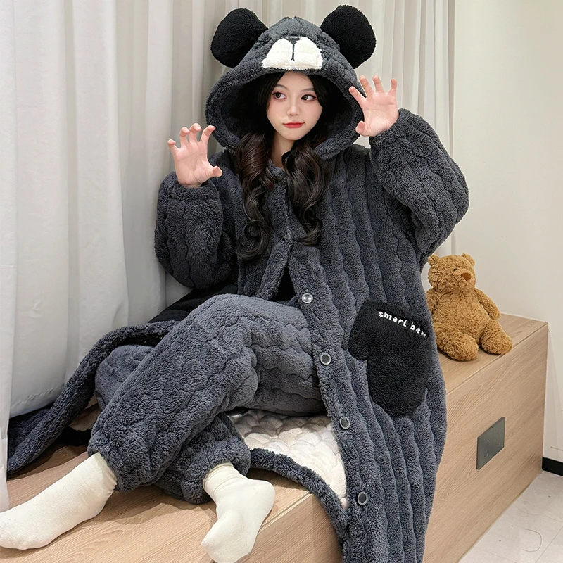 三层夹棉加厚加绒睡衣女加绒加厚法兰绒睡袍居款显瘦保暖家居服