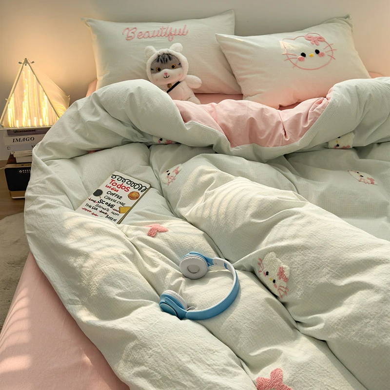纯棉清新可爱小猫毛巾绣床上四件套纯棉全棉2024新款被套床单床笠