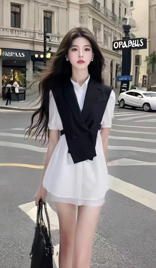 新款不规则设计感黑白撞色短袖衬衫领收腰连衣裙女时尚氛围感裙子