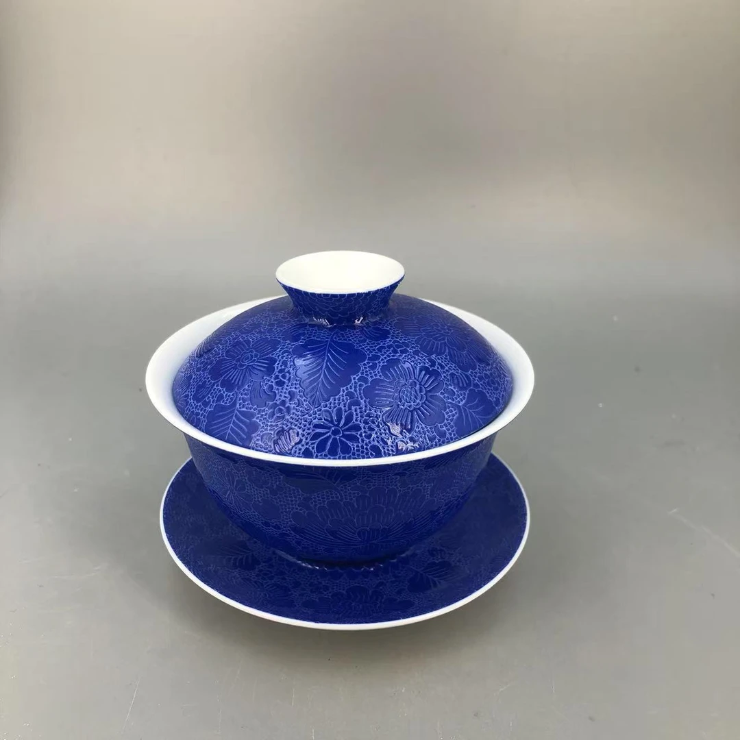 【景德】古帛  元宝盖碗（孔雀蓝） 陶瓷 gbph0184