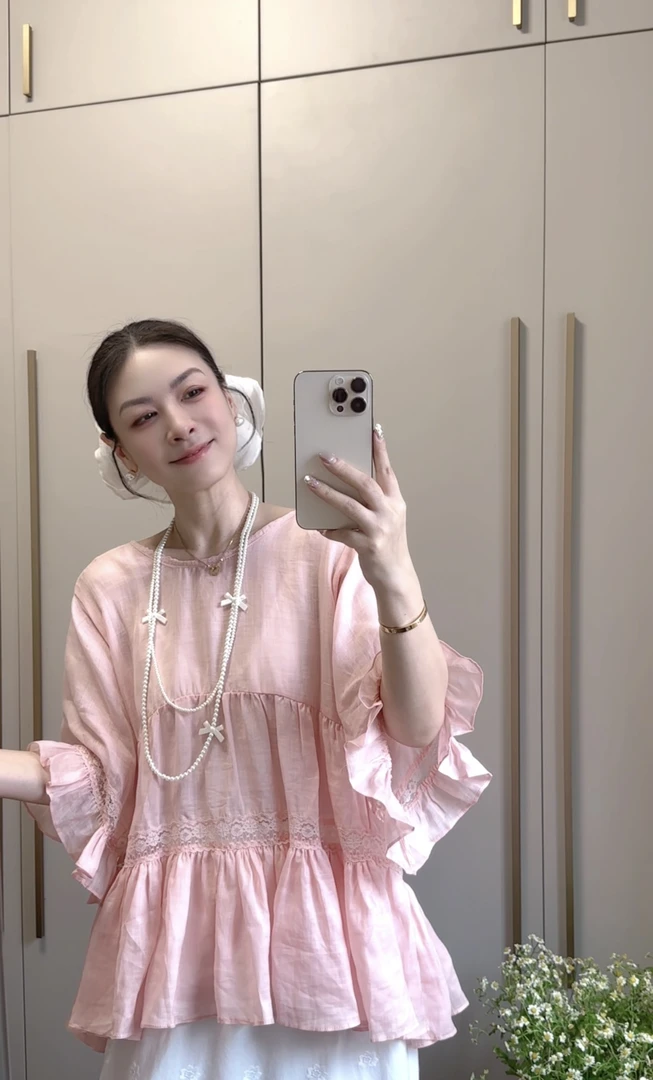 韩版ins博主风蕾丝拼接麻衫