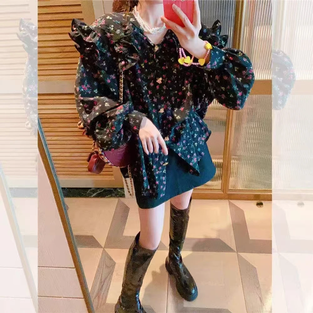 娃娃领春季碎花韩版衬衫复古时髦小香风春季碎花