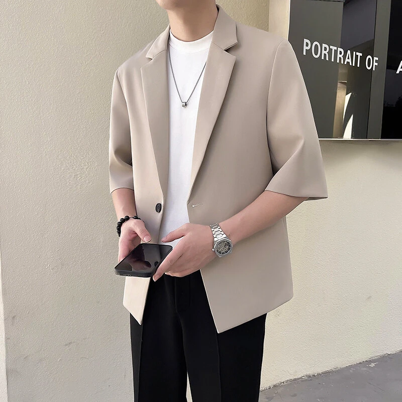 2025夏季新款薄款一粒扣中袖西装外套男潮流休闲高级感小西服上衣