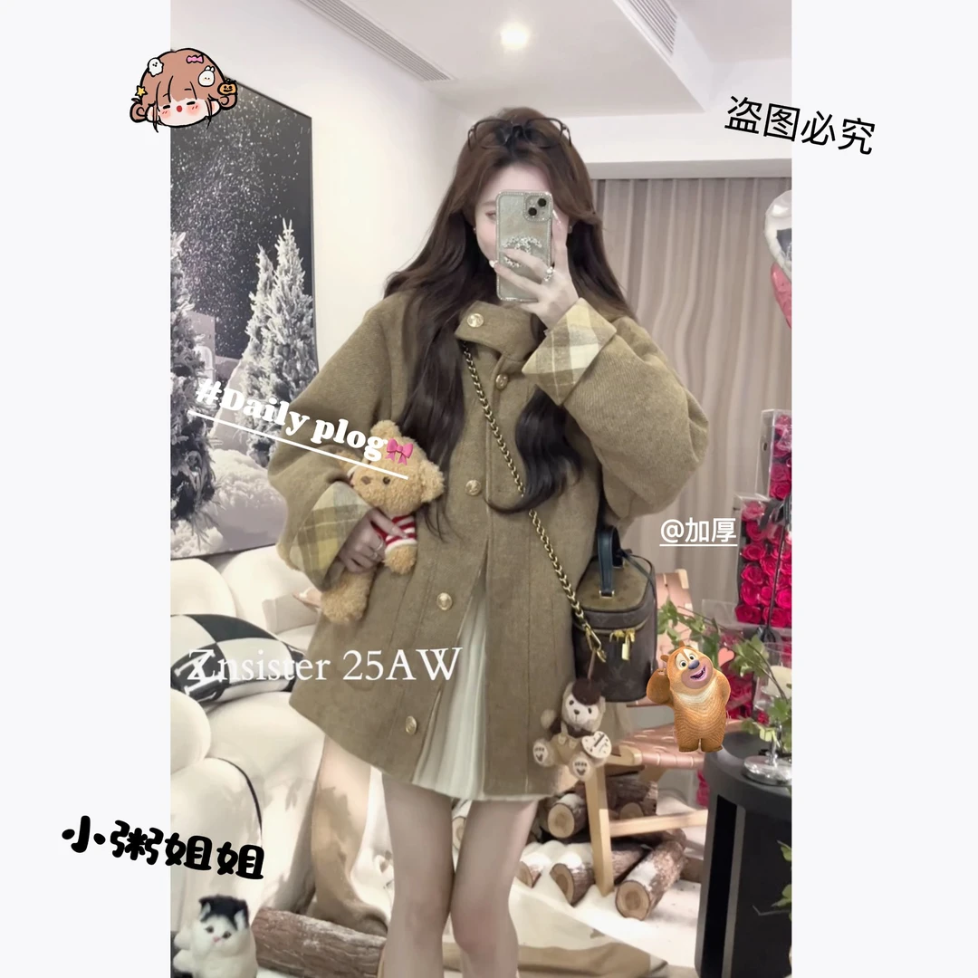 【XZ002】2025秋冬季新款格纹拼接大衣女款韩版保暖中长款外套