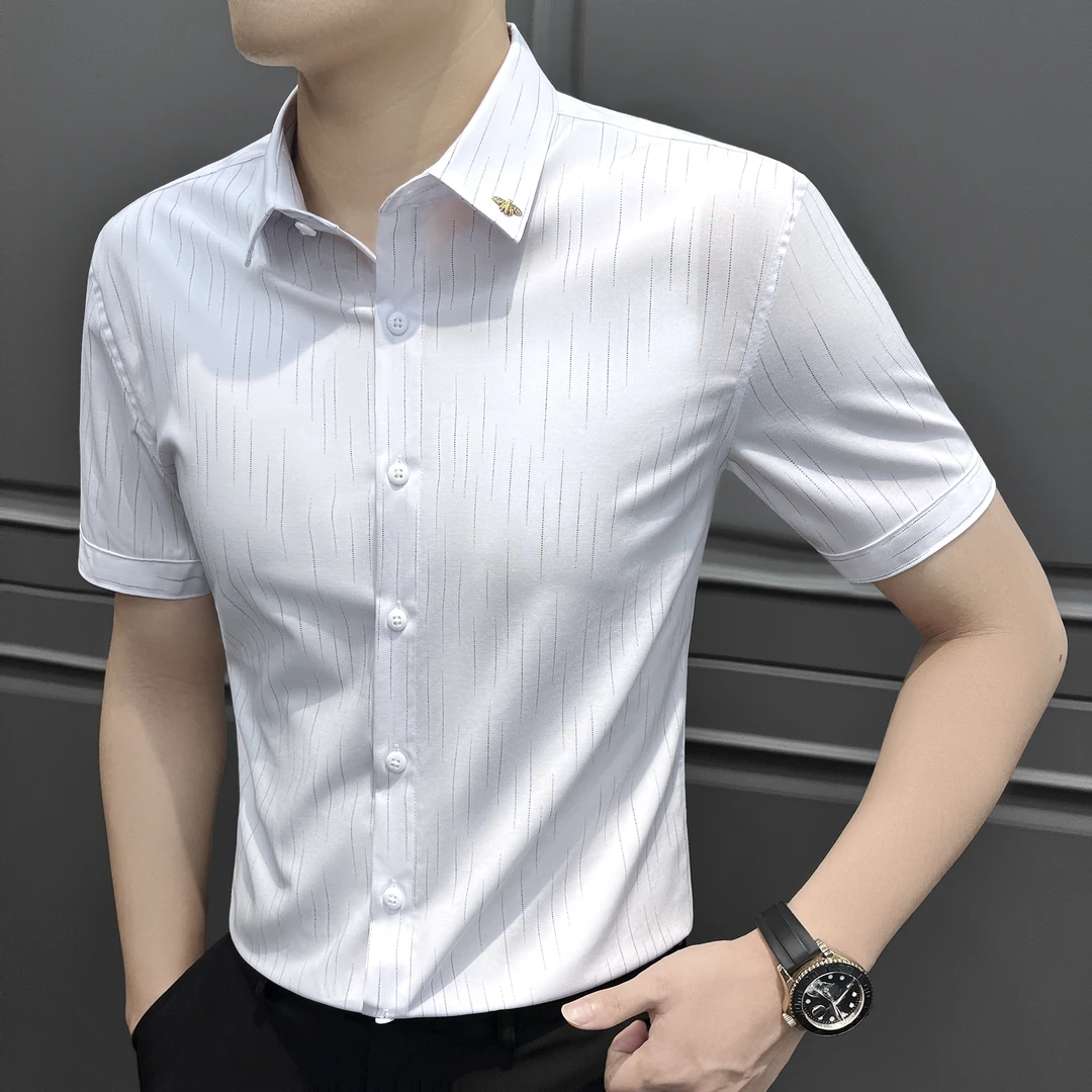 条纹短袖衬衫男款爆款2025新款轻奢商务男装夏季薄款修身男士衬衣