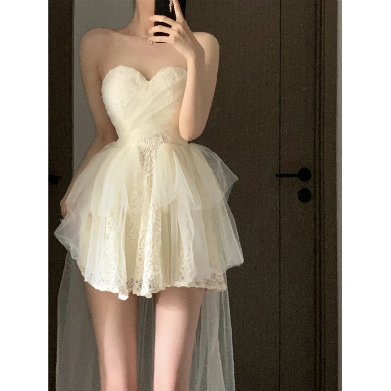 公主风礼服连衣裙女夏季新款收腰显瘦露背网纱拼接抹胸蓬蓬裙