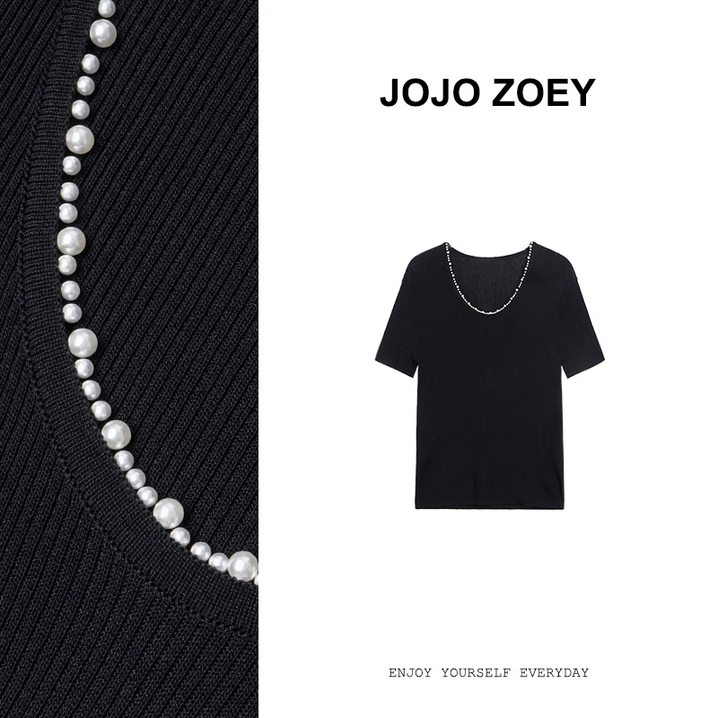 JOJO ZOEY【墨海珠裥】新款减龄圆领重工钉珠短袖上衣女dx-3947