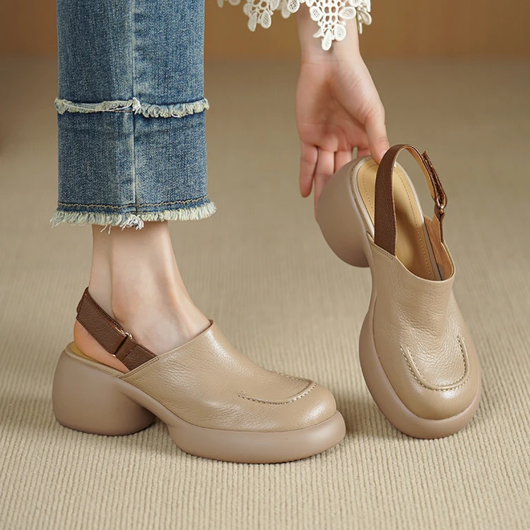 头层羊皮~7cm夏季新款粗跟厚底包头凉鞋时尚百搭高跟圆头真皮女鞋