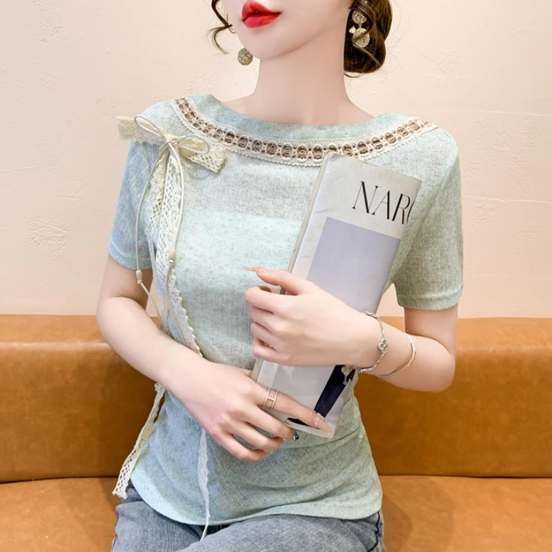 实拍法式蝴蝶结系带镂空短袖针织衫女2025夏季新款别致修身上衣薄