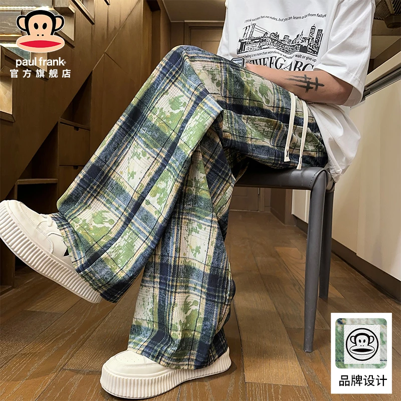 paul frank/大嘴猴潮流扎染格子休闲裤男夏季薄款垂感宽松直筒裤