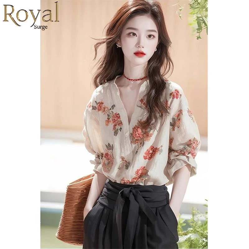 法式独特小上衣今年流行漂亮小衫早春新款亚麻棉麻印花长袖衬衫女