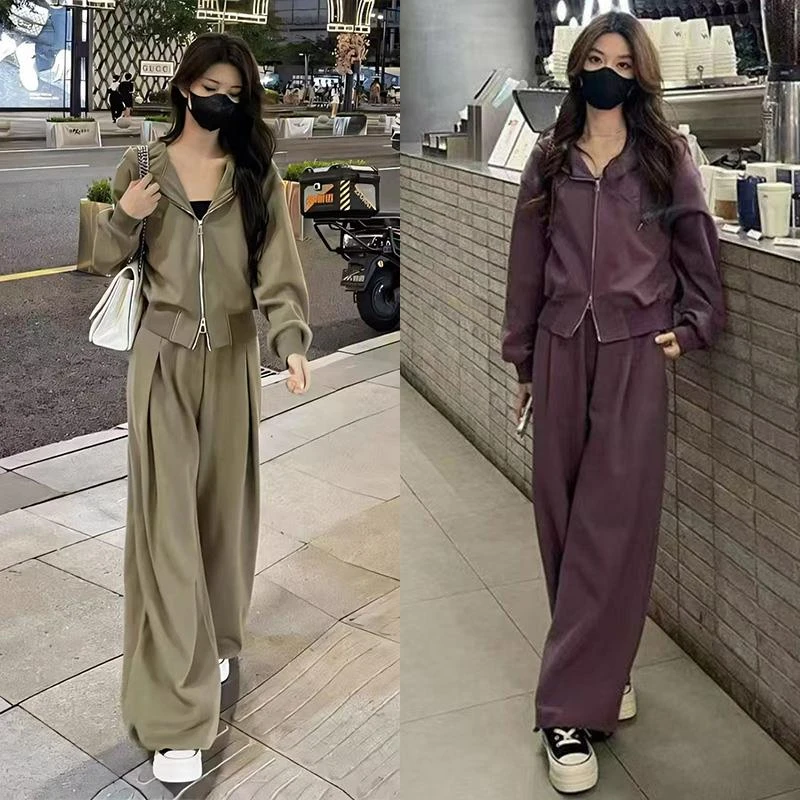 早秋季华夫格时尚休闲运动套装女气质高级感连帽卫衣阔腿裤两件套