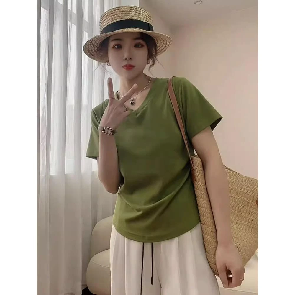 大码设计感领正肩短袖恤女新款夏季胖收腰遮肉显瘦小上衣