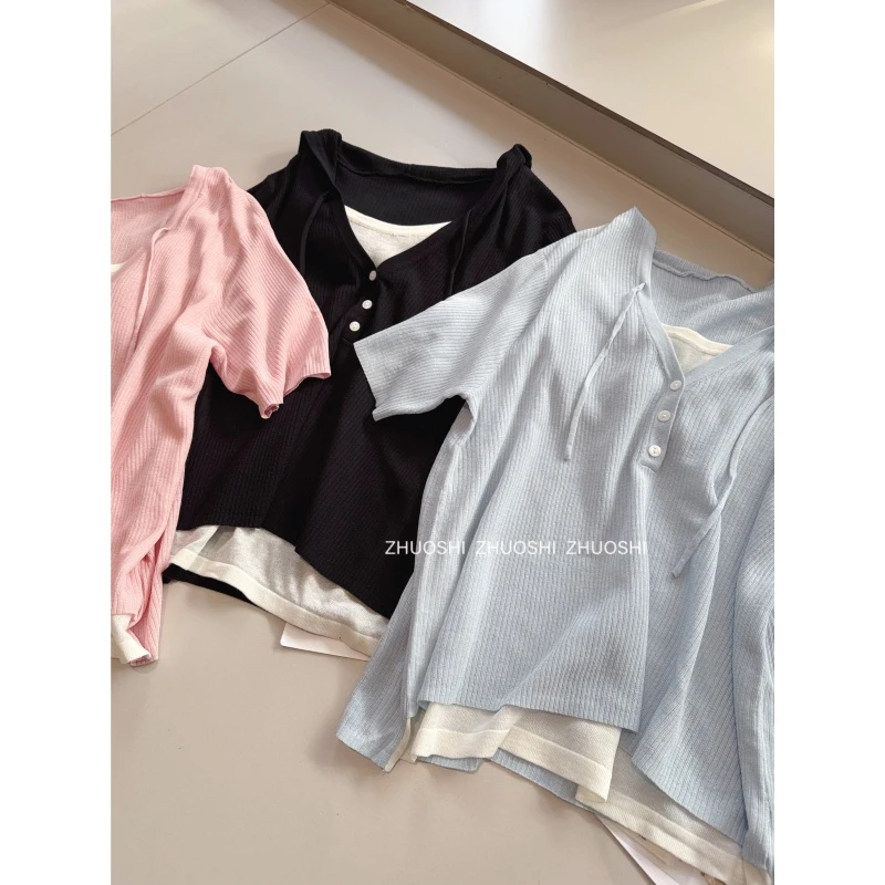 #22987 天丝亚麻连帽假两件针织衫 气质百搭显瘦减龄短袖