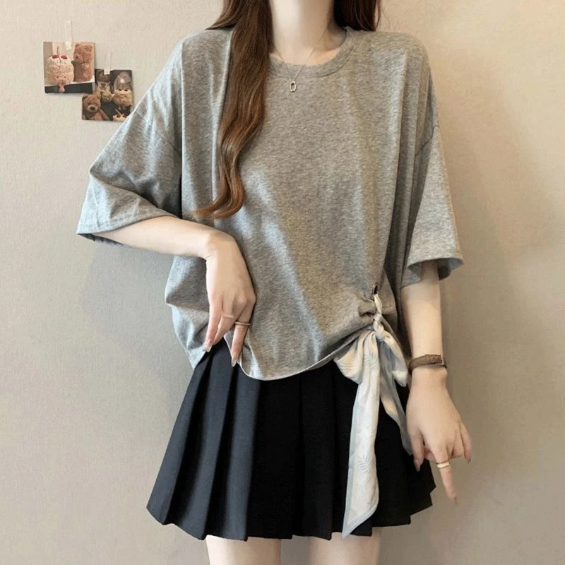 夏季丝巾系带纯棉短袖T恤女2025新款大码胖mm显瘦遮肚半袖体恤衫