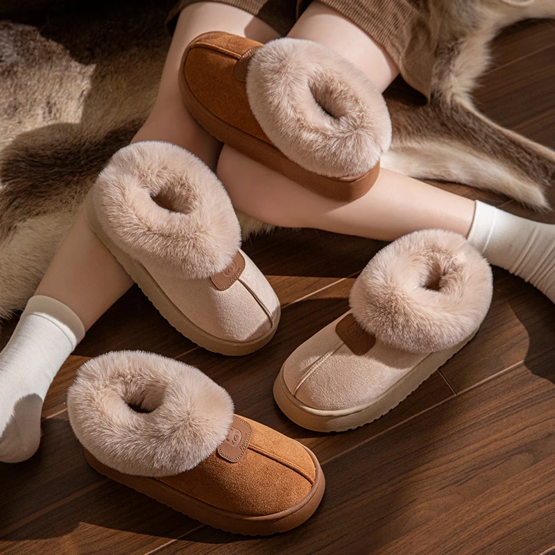 小熊贴标厚底雪地靴女2024冬季新款加绒加厚一脚蹬面包毛毛鞋子