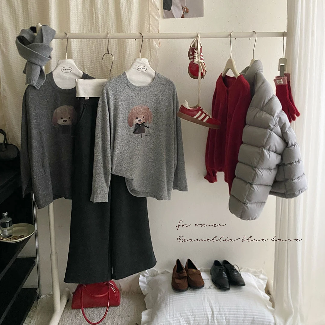 韩国温暖印花磨毛糯米长袖T恤女秋冬慵懒宽松加厚打底上衣