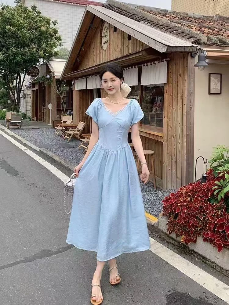 【婷婷家】小个子法式V领泡泡袖连衣裙#085