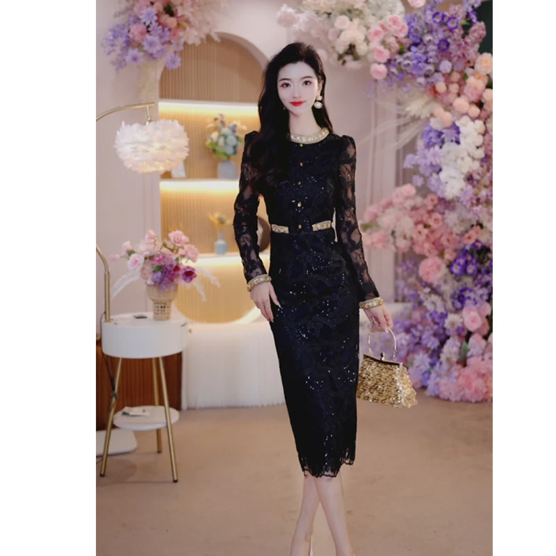 2025秋季新款时尚气质修身显瘦轻奢名媛重工长袖法式连衣裙1848