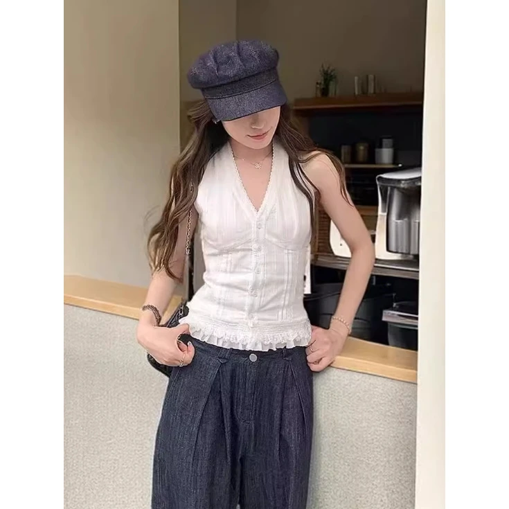 2025夏季新款白色蕾丝挂脖背心韩系chic甜辣纯欲风别致吊带上衣女