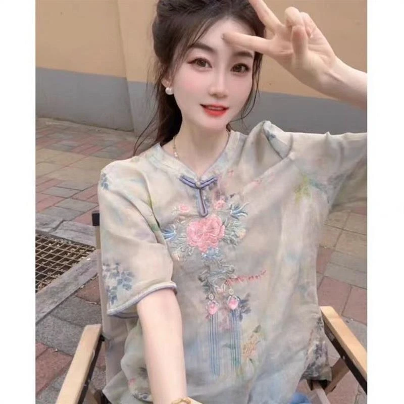 百搭新中式复古盘扣衬衣上衣2025夏季新款国风刺绣衬衫女短袖小衫