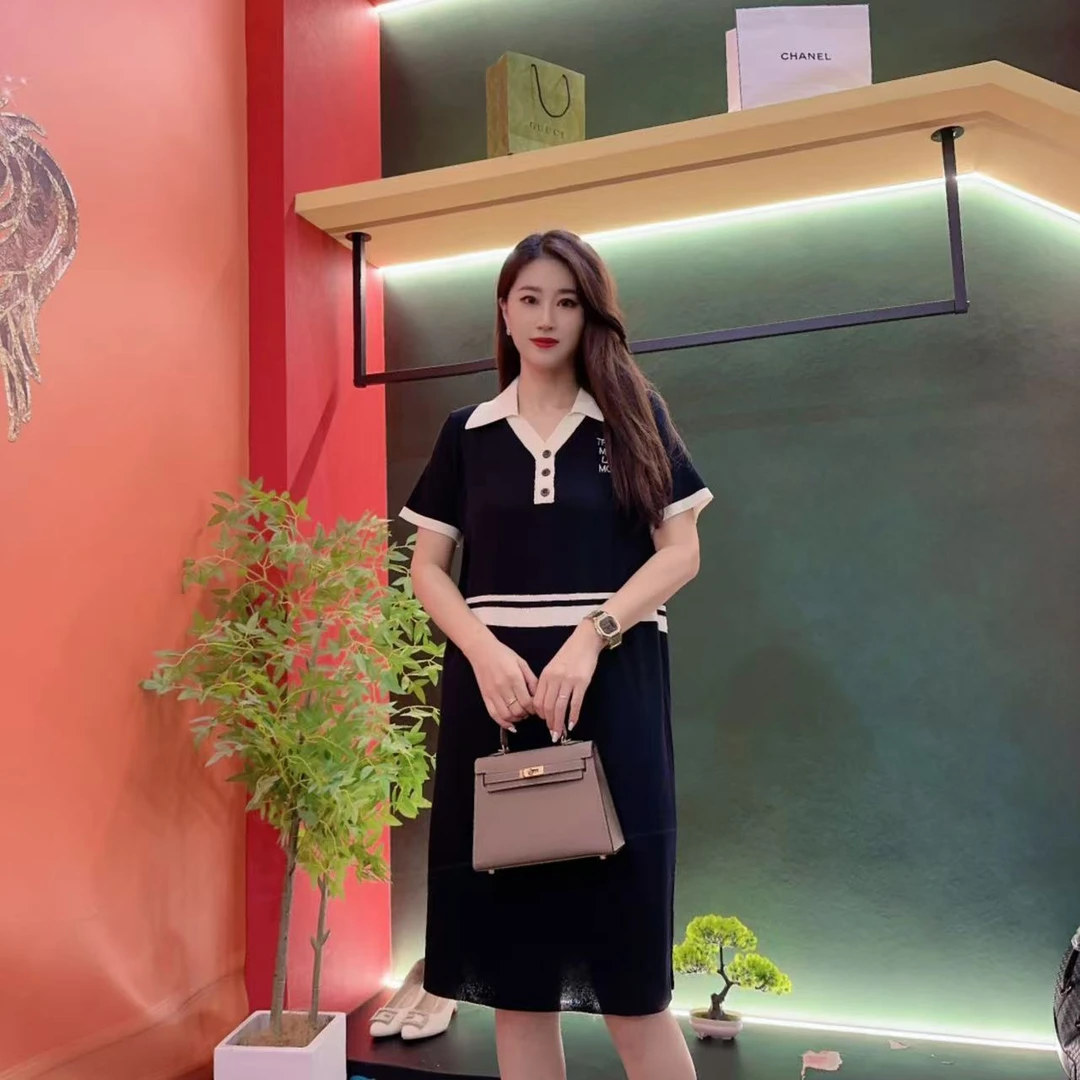 6111多金大码polo黑色减龄长款A字裙子夏季新款女装连衣裙女