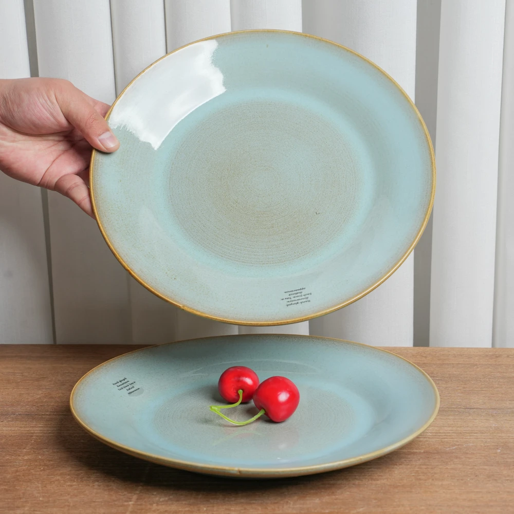 【正品】大盘釉下彩陶瓷盘家用窑变日式复古绿高颜值餐盘新品/DP