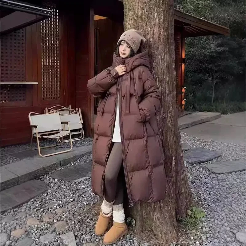 运费险+现货羽绒服反季女长款连帽飘带过膝保暖外套