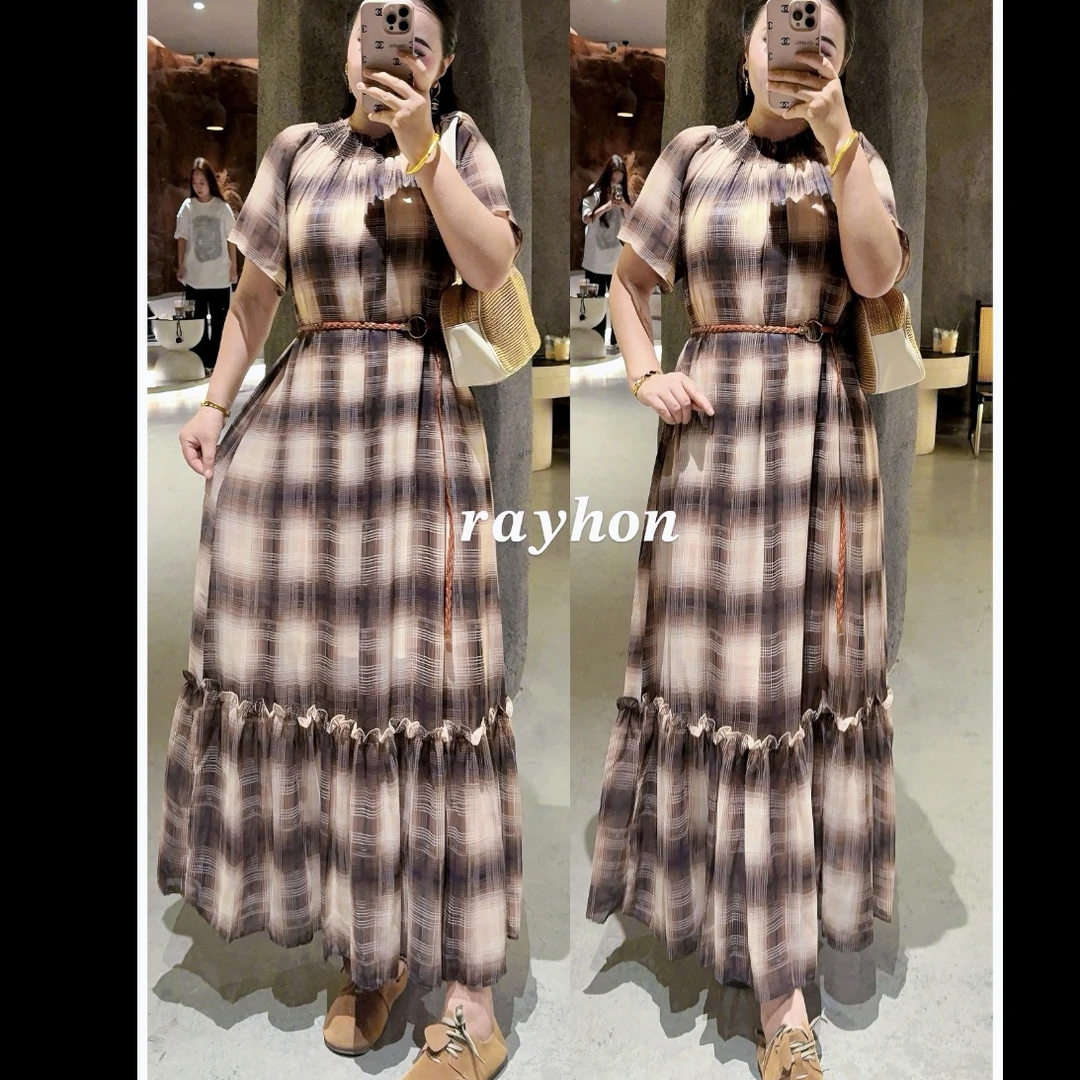Rayhon夏季新款法式复古泡泡显瘦格子收腰长裙连衣裙