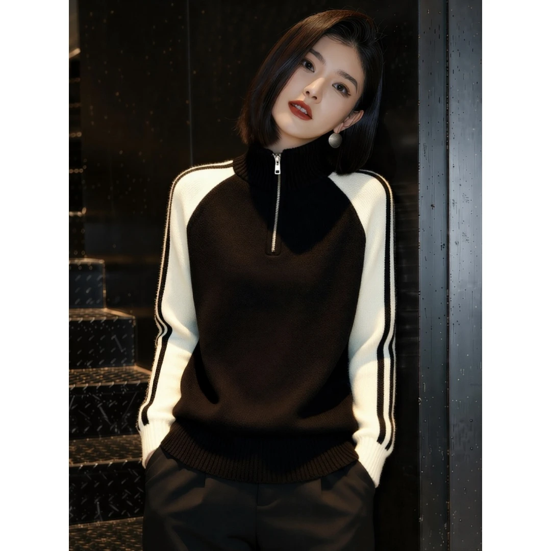 2025冬季新款撞色半拉链立领撞色拼接长袖针织衫黑白拼色毛衣百搭