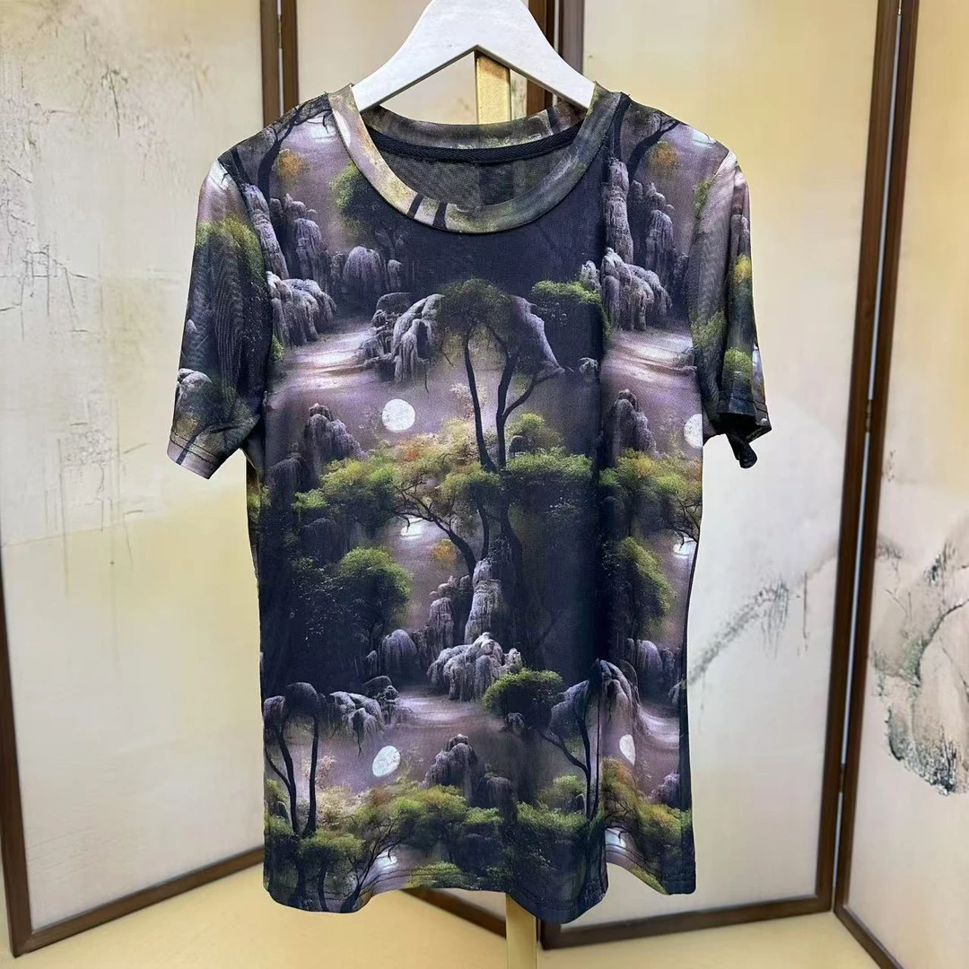山水圆月印花网纱小衫-X
