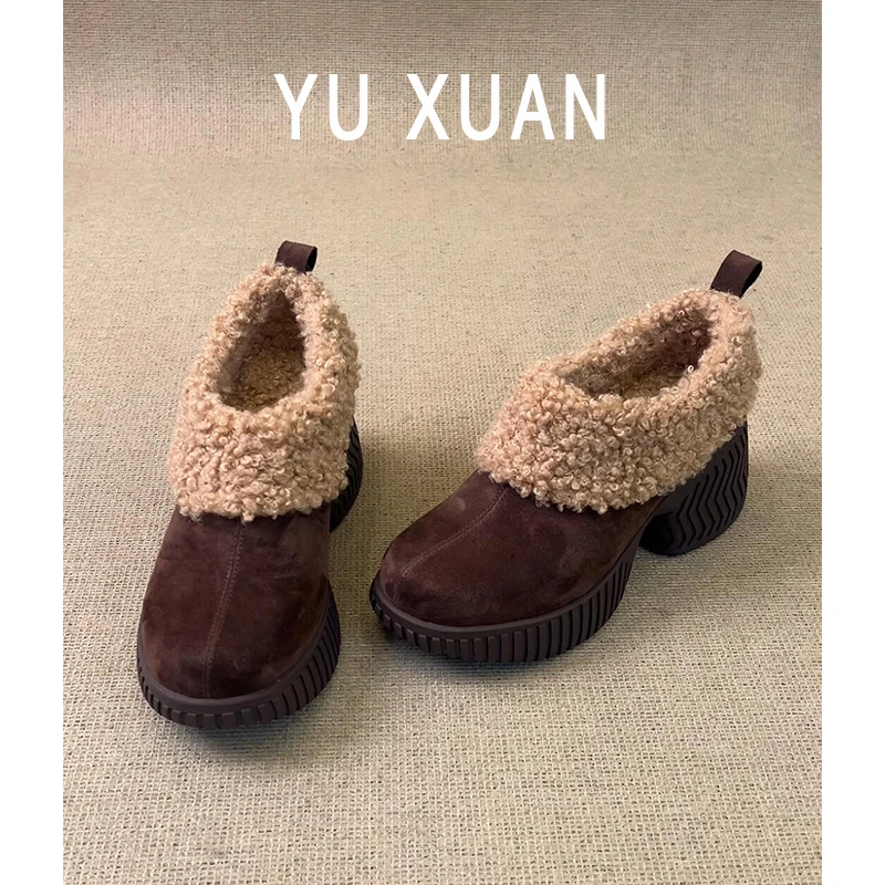 真皮增高厚底毛毛鞋女冬季雪地鞋加绒小皮鞋子粗跟乐福鞋保暖棉鞋