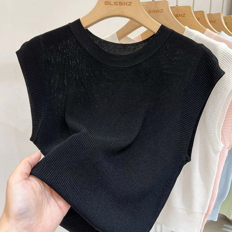 2024夏季新款宽松显瘦别致短款上衣冰丝薄款圆领无袖坎肩针织衫女