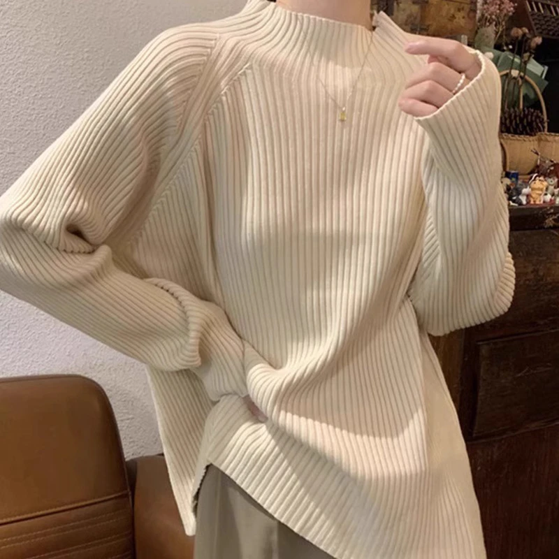 宽松型大码打底半高领针织毛衣女秋冬新款微胖mm宽松遮肉显瘦内搭