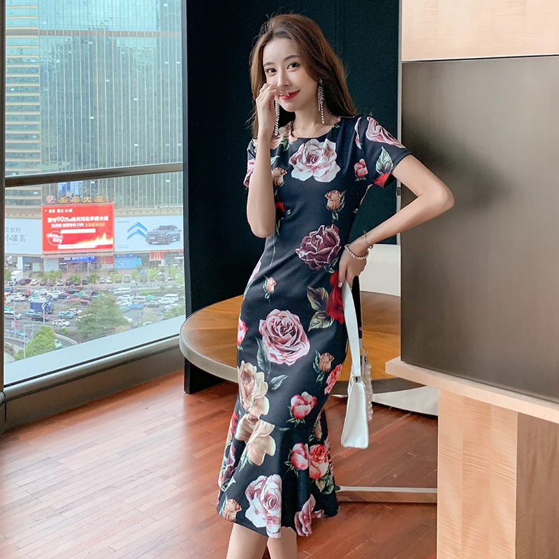 夏季新款女裙子印花鱼尾中长裙修身显瘦花朵紧身包臀连衣裙4555