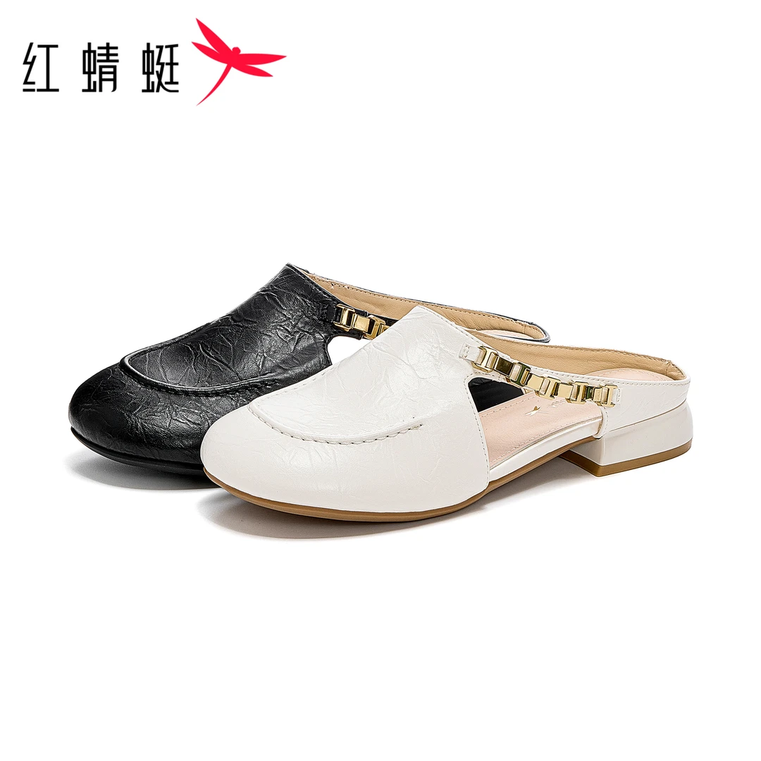 红蜻蜓女士时尚外穿百搭休闲复古舒适简约一脚蹬粗跟包头半拖鞋