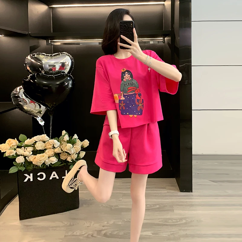 玫红色正肩时尚卡通印花短袖t恤女休闲短裤两件套2025新款女装夏