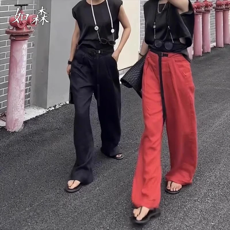 亚麻直筒休闲裤女夏季薄款大码梨形身材高腰显瘦棉麻阔腿拖地裤子