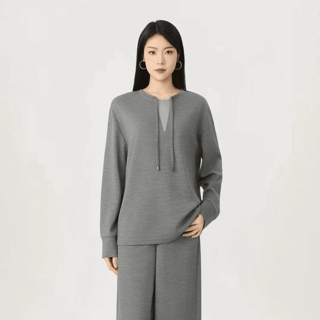 阿玛施AMASS 时尚女装休闲居家抽绳装饰假两件廓形长袖T恤530080