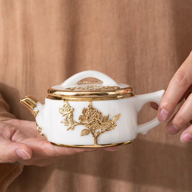 联谊 徐福坤金镶玉手签款茶壶厚釉玉瓷手工锡镶高档陶瓷泡茶具