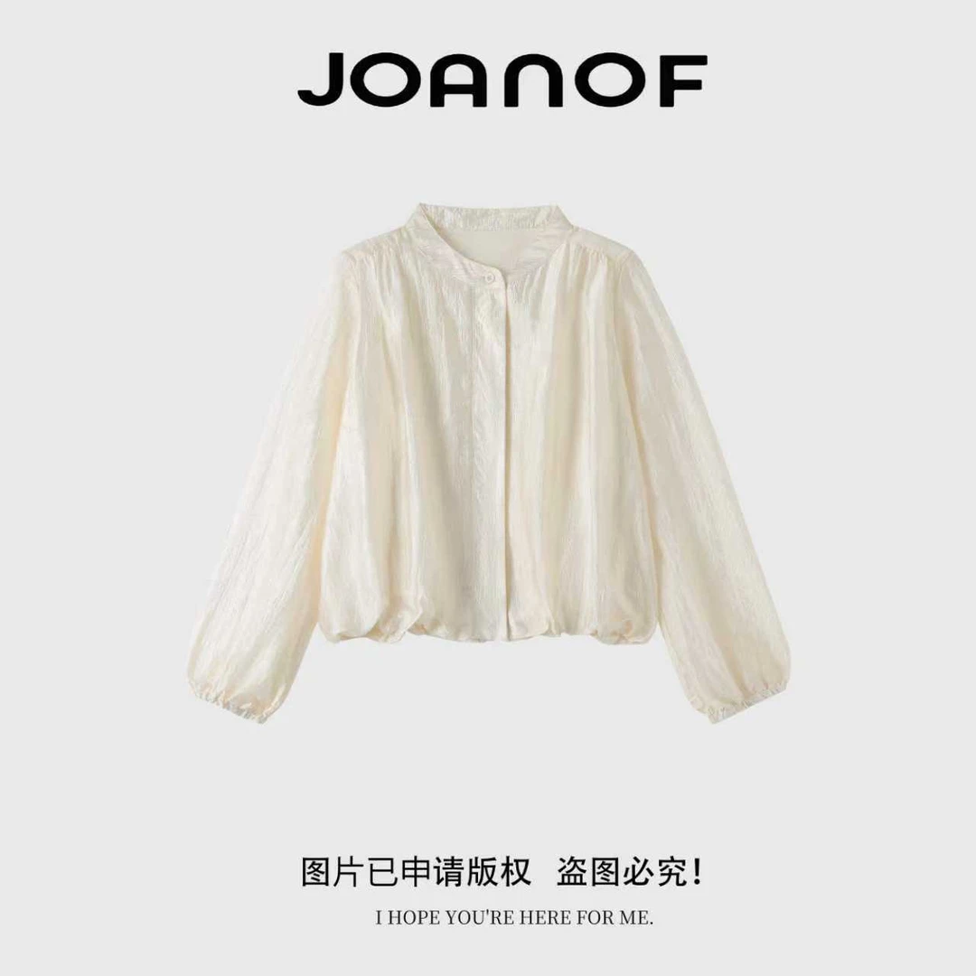 JOANOF时尚简约休闲春季长袖小众纽扣镂空刺绣醋酸衬衫AW0208