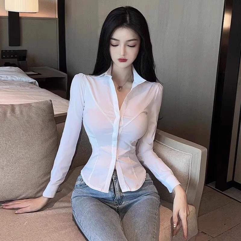 法式辣妹收腰显瘦白色衬衣修身制服性感韩版御姐女装短款上衣衬衫